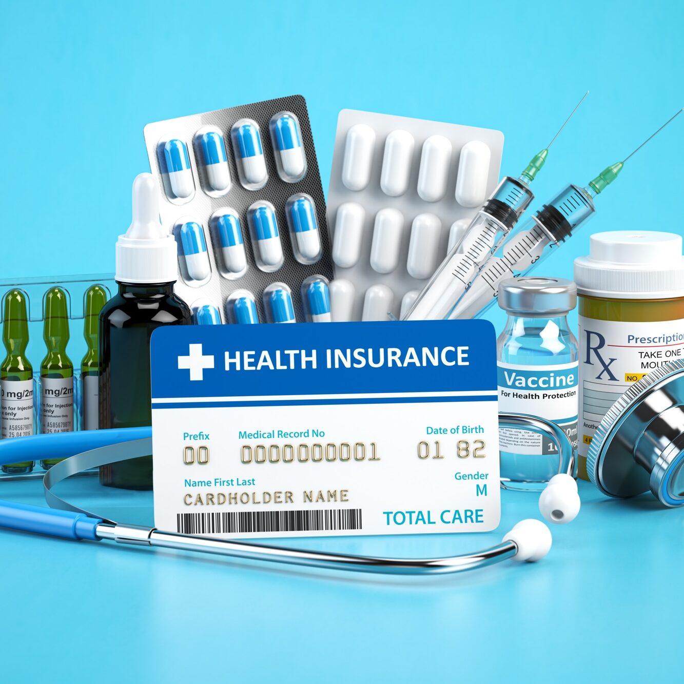 Health insurance card policy with meds and medical equipment on blue background.